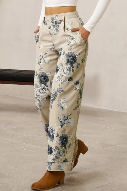 Retro Floral Print Turn Up Cuffed Hem Loose Jeans
