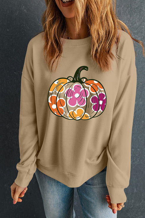 Retro Floral Pumpkin Graphic Crew Neck Sweatshirt