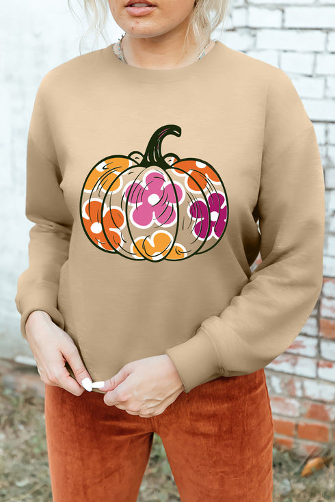 Retro Floral Pumpkin Graphic Crew Neck Sweatshirt