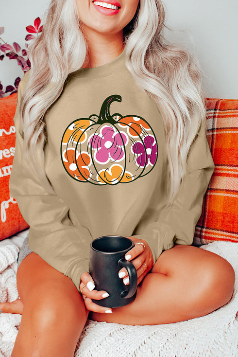 Retro Floral Pumpkin Graphic Crew Neck Sweatshirt