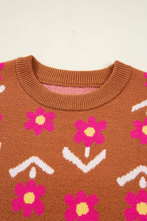 Retro Floral Short Sleeve Crew Neck Sweater