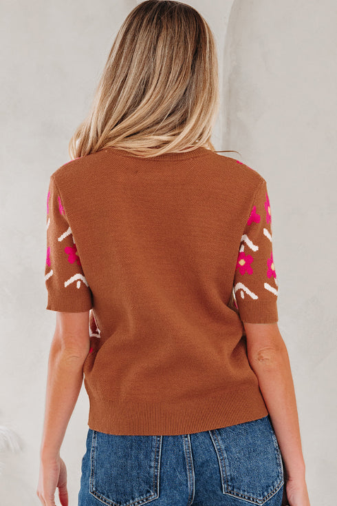Retro Floral Short Sleeve Crew Neck Sweater
