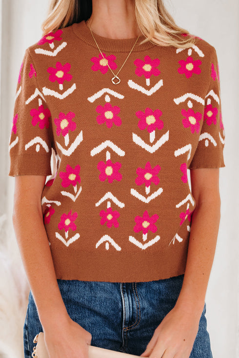 Retro Floral Short Sleeve Crew Neck Sweater
