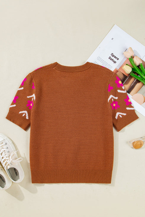 Retro Floral Short Sleeve Crew Neck Sweater