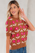 Retro Floral Short Sleeve Crew Neck Sweater
