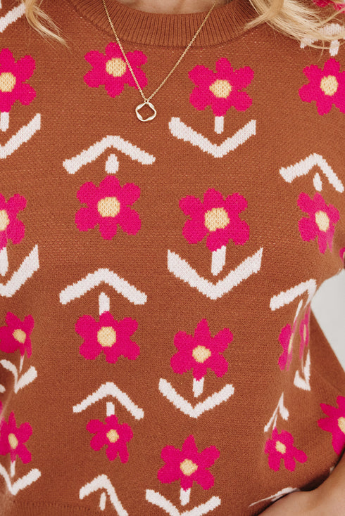 Retro Floral Short Sleeve Crew Neck Sweater