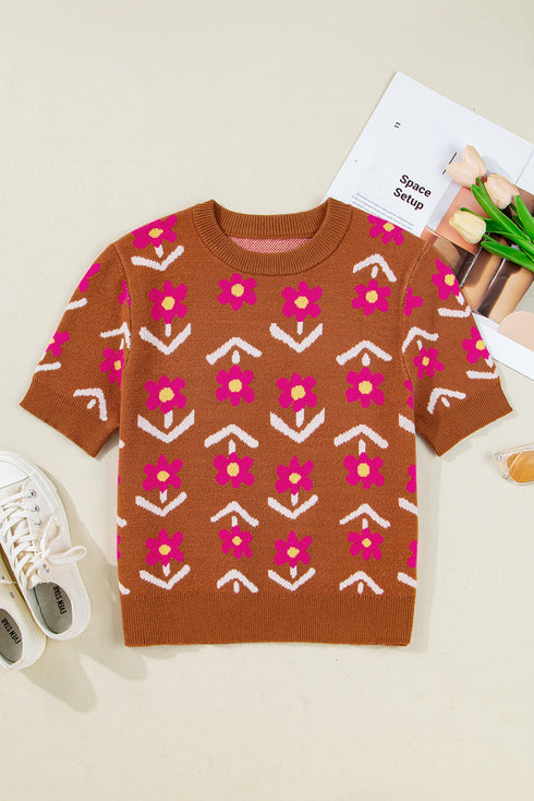 Retro Floral Short Sleeve Crew Neck Sweater