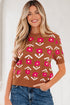 Retro Floral Short Sleeve Crew Neck Sweater