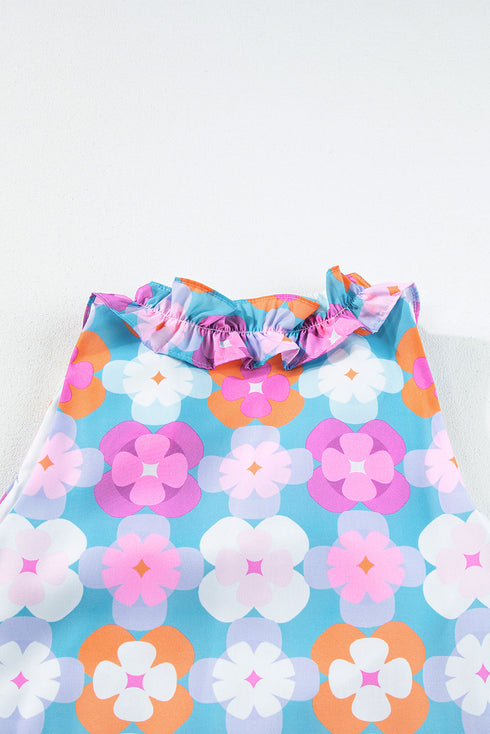Retro Geometric Floral Split Neck Tiered Midi Dress
