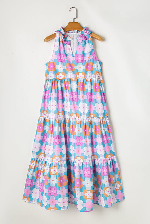 Retro Geometric Floral Split Neck Tiered Midi Dress