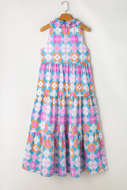 Retro Geometric Floral Split Neck Tiered Midi Dress