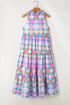 Retro Geometric Floral Split Neck Tiered Midi Dress
