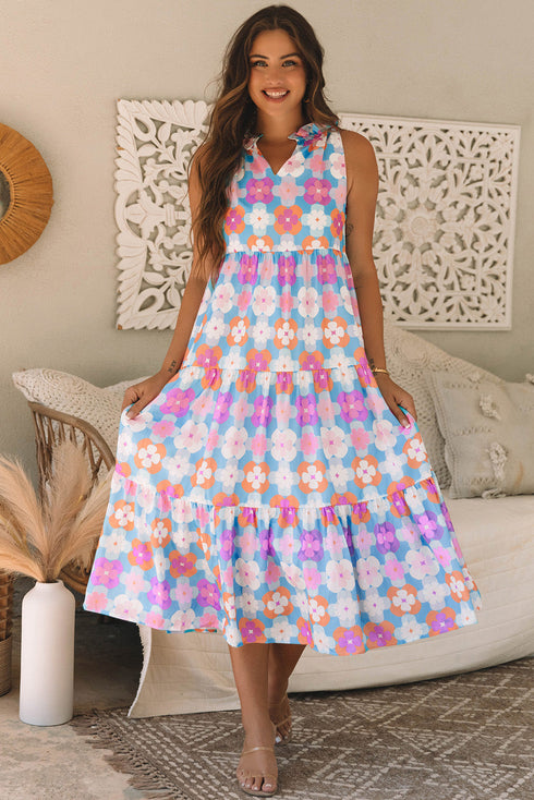 Retro Geometric Floral Split Neck Tiered Midi Dress