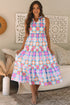 Retro Geometric Floral Split Neck Tiered Midi Dress