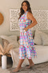 Retro Geometric Floral Split Neck Tiered Midi Dress