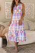 Retro Geometric Floral Split Neck Tiered Midi Dress