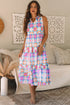 Retro Geometric Floral Split Neck Tiered Midi Dress