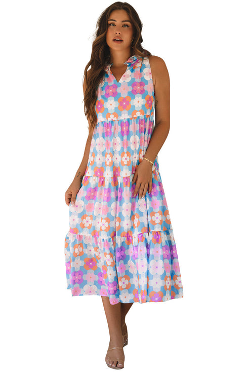 Retro Geometric Floral Split Neck Tiered Midi Dress