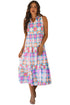 Retro Geometric Floral Split Neck Tiered Midi Dress