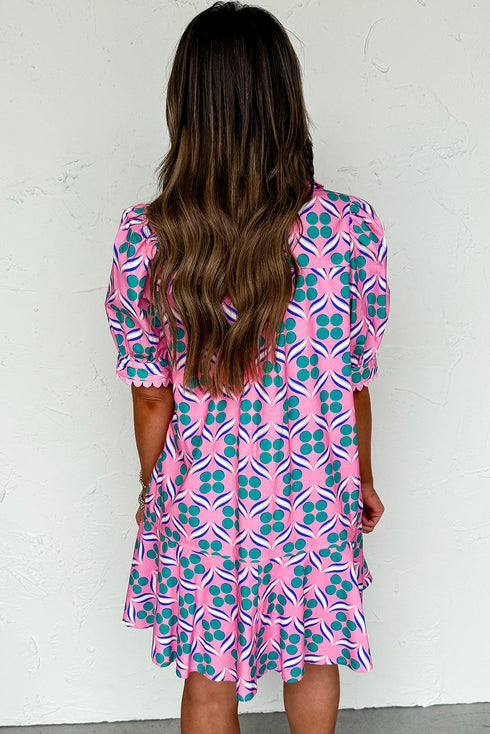 Retro Geometric Print Puff Sleeve V Neck Ric Rac Trim Mini Dress