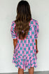 Retro Geometric Print Puff Sleeve V Neck Ric Rac Trim Mini Dress