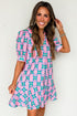 Retro Geometric Print Puff Sleeve V Neck Ric Rac Trim Mini Dress