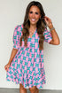 Retro Geometric Print Puff Sleeve V Neck Ric Rac Trim Mini Dress