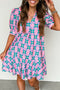 Retro Geometric Print Puff Sleeve V Neck Ric Rac Trim Mini Dress