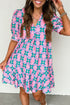 Retro Geometric Print Puff Sleeve V Neck Ric Rac Trim Mini Dress
