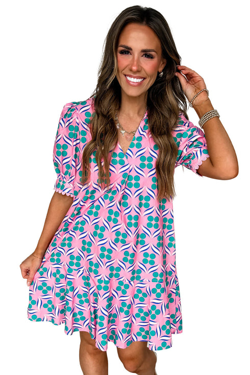 Retro Geometric Print Puff Sleeve V Neck Ric Rac Trim Mini Dress