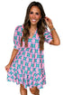 Retro Geometric Print Puff Sleeve V Neck Ric Rac Trim Mini Dress