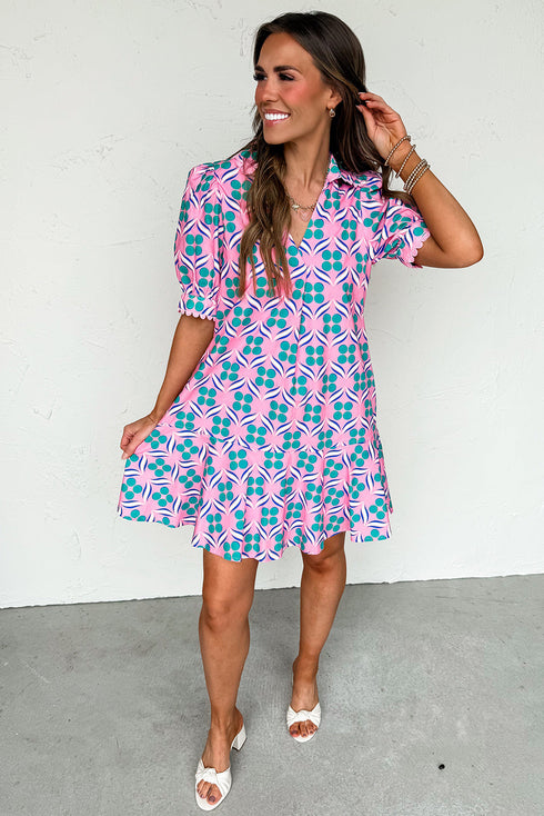 Retro Geometric Print Puff Sleeve V Neck Ric Rac Trim Mini Dress