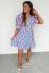 Retro Geometric Print Puff Sleeve V Neck Ric Rac Trim Mini Dress