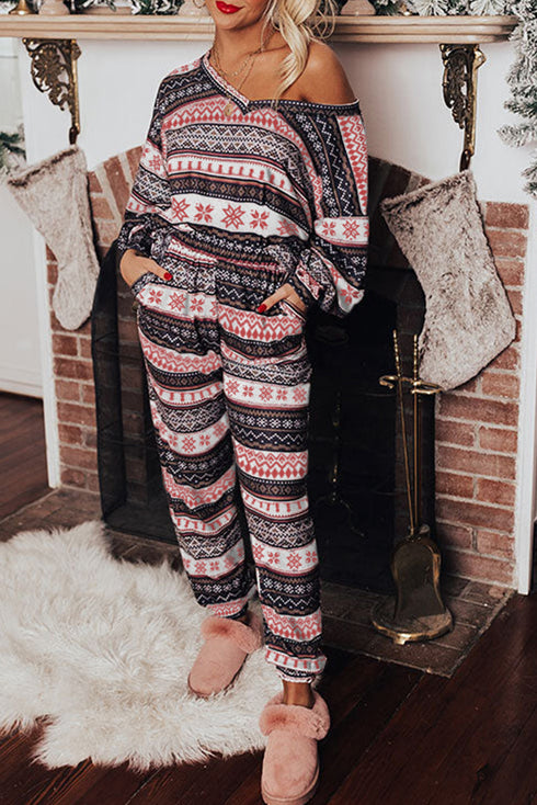Retro Graphic Print Soft Knit Two Piece Lounge Set