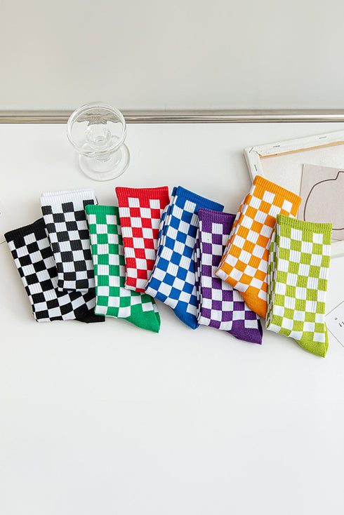 Retro Inspired Checkerboard Print Knit Tube Socks