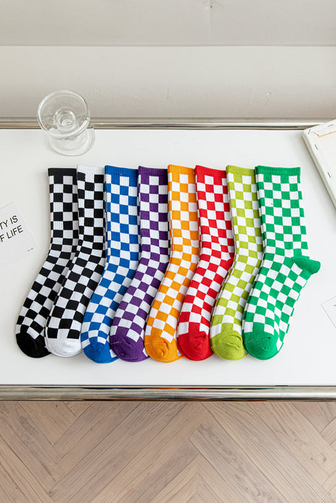 Retro Inspired Checkerboard Print Knit Tube Socks