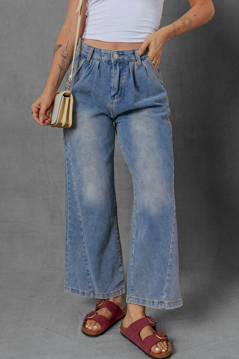 Retro Inspired Washed Pleated Detail High Waist Wide Leg Jeans