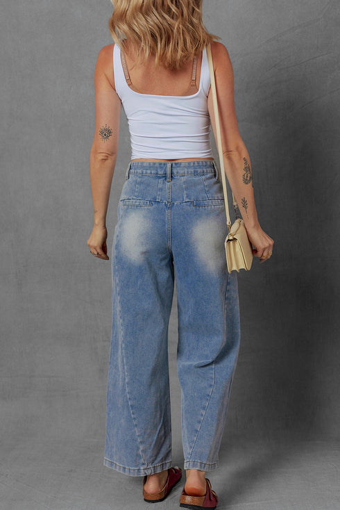 Retro Inspired Washed Pleated Detail High Waist Wide Leg Jeans