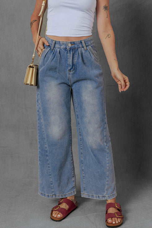 Retro Inspired Washed Pleated Detail High Waist Wide Leg Jeans
