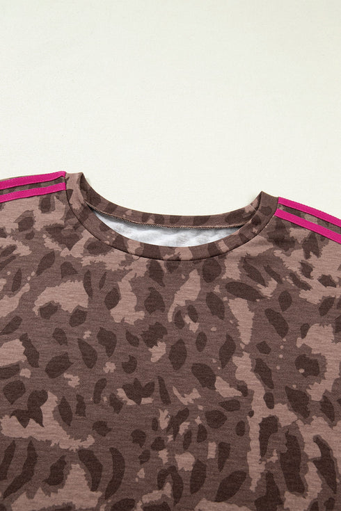 Retro Leopard Print Varsity Stripe Short Loungewear Set