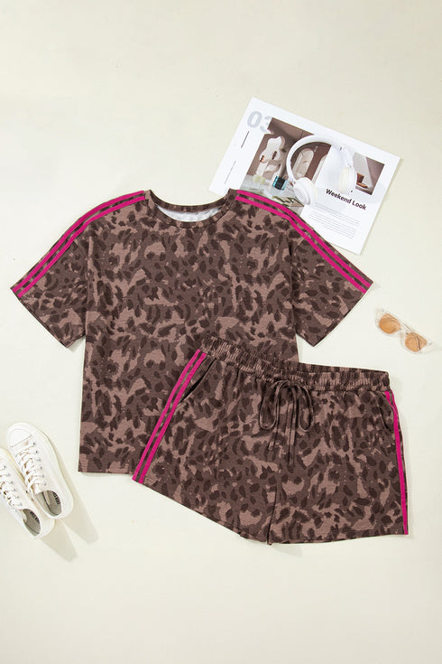 Retro Leopard Print Varsity Stripe Short Loungewear Set