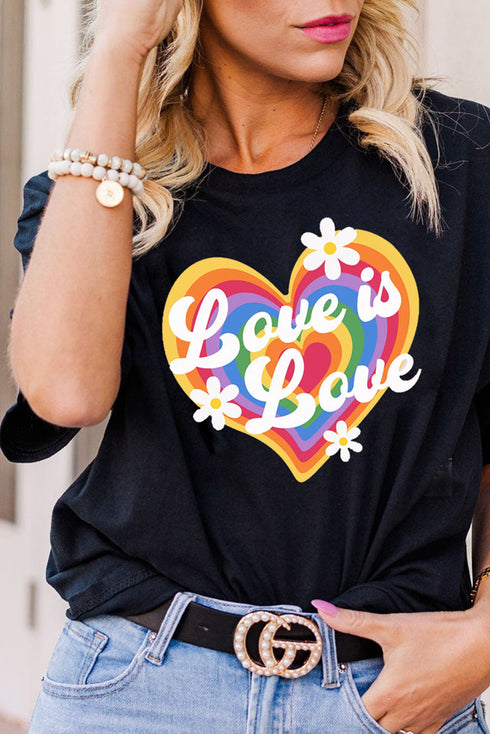 Retro Love Is Love Rainbow Heart Daisy Graphic Tee Shirt