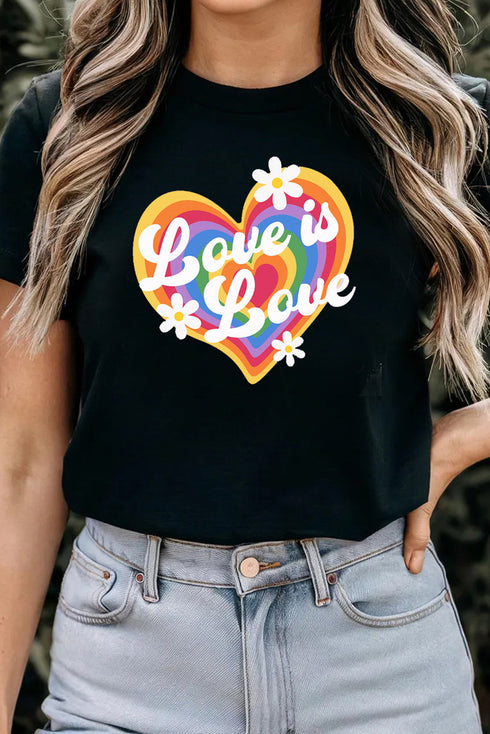 Retro Love Is Love Rainbow Heart Daisy Graphic Tee Shirt