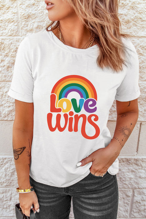 Retro Love Wins Rainbow Graphic Short Sleeve Pride Celebration Tee