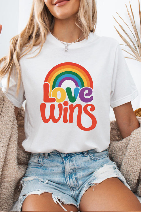 Retro Love Wins Rainbow Graphic Short Sleeve Pride Celebration Tee