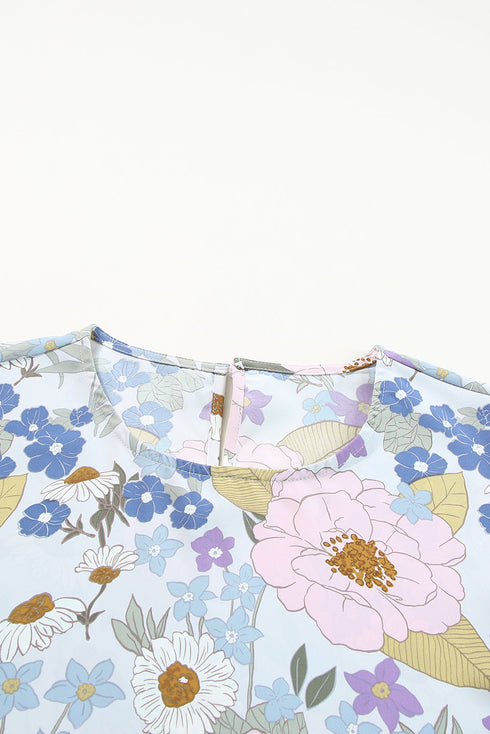 Retro Meadow Floral Print Lantern Sleeve Smocked Cuff Blouse