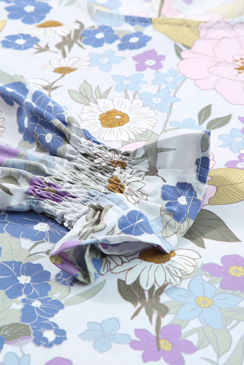 Retro Meadow Floral Print Lantern Sleeve Smocked Cuff Blouse