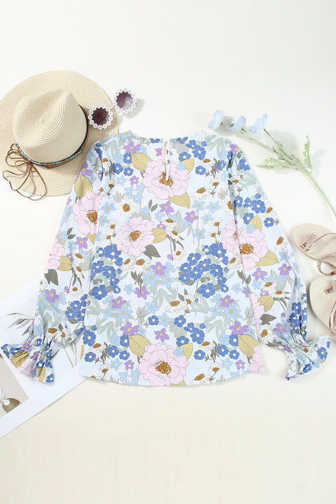 Retro Meadow Floral Print Lantern Sleeve Smocked Cuff Blouse
