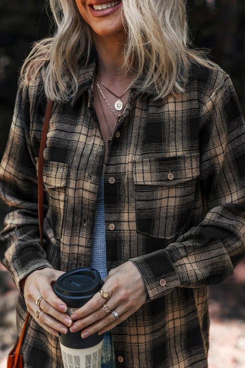 Retro Plaid Double Flap Pocket Brushed Shacket