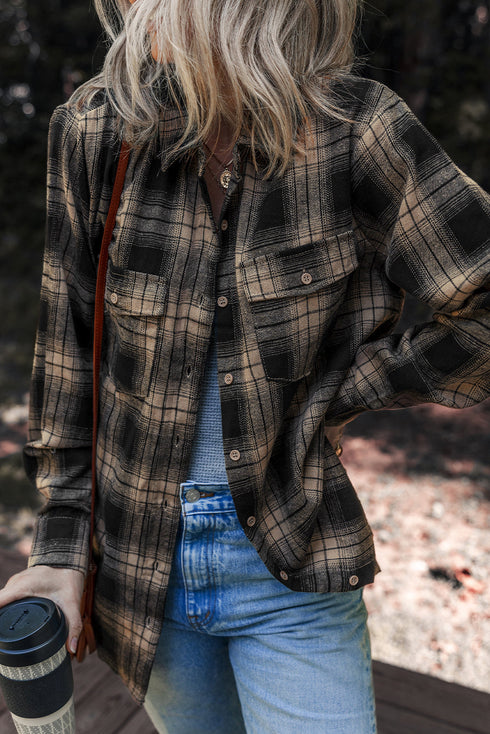 Retro Plaid Double Flap Pocket Brushed Shacket